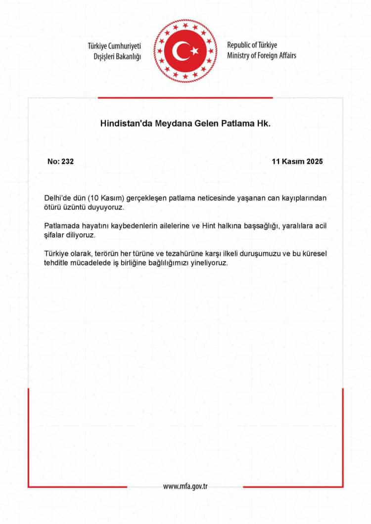 Türkiye’den Hindistan’a Delhi Patlaması Nedeniyle Taziye Mesajı