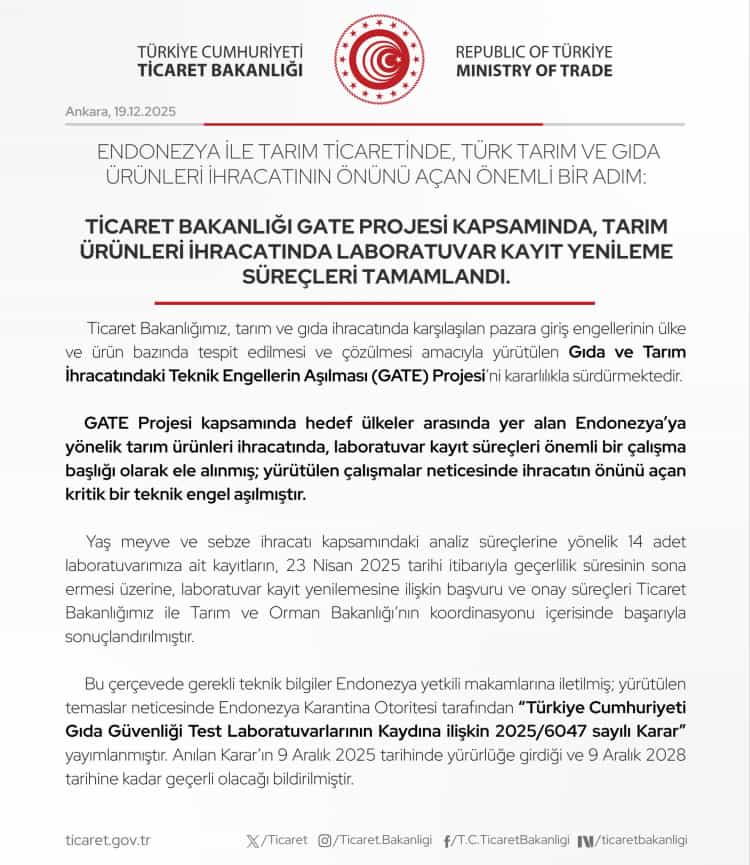 Endonezya'ya Tarım İhracatında Teknik Engeller Kaldırıldı