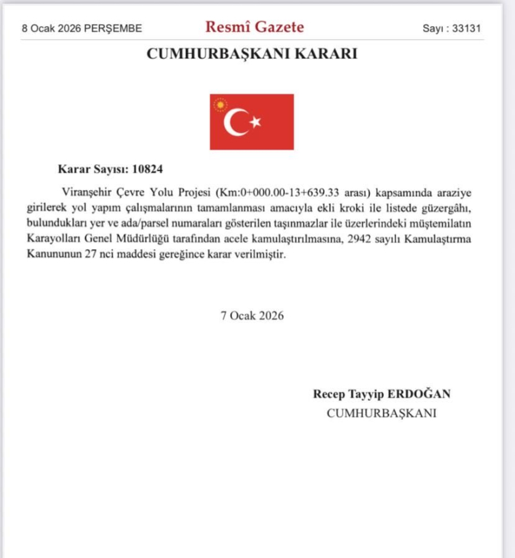 Viranşehir Çevre Yolu Projesi’nde Kamulaştırma Süreci Başlıyor